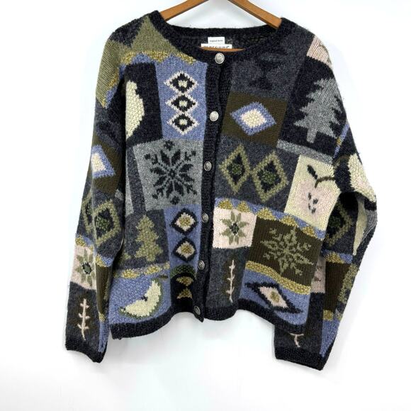 VTG Marconi Nordic Cardigan Sweater L Hand Knit Winter Holiday Patchwork Chunky - Picture 1 of 6
